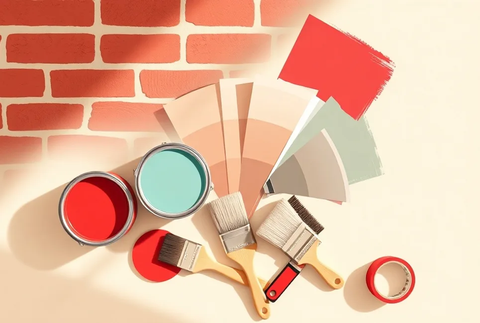 Pots de peinture, nuancier, brosses et rouleaux disposés à plat