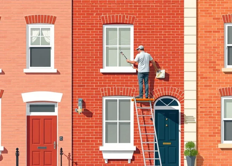 Peintre sur échafaudage traitant la façade d'une maison